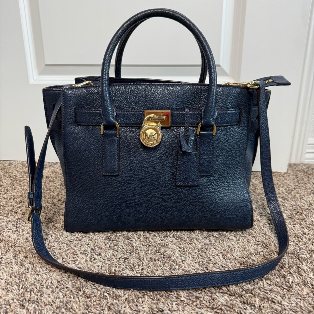 Michael Kors Hamilton Genuine Pebbled Leather Large Navy Blue Tote Satchel Bag